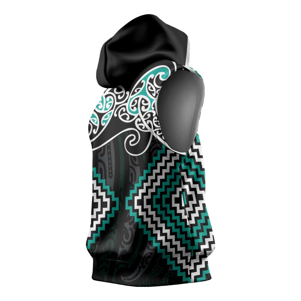 Turquoise Aotearoa Tukutuku Manawa Tapu Sleeveless Hoodie Ta Moko Toi Maori - Polynesian Pride
