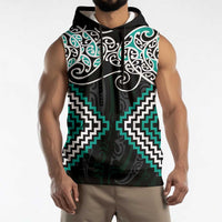 Turquoise Aotearoa Tukutuku Manawa Tapu Sleeveless Hoodie Ta Moko Toi Maori - Polynesian Pride