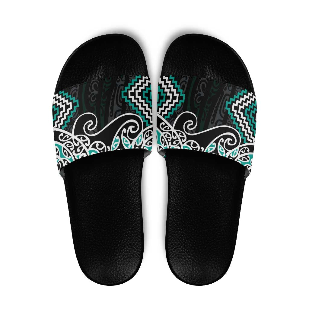 Turquoise Aotearoa Tukutuku Manawa Tapu Slide Sandals Ta Moko Toi Maori - Polynesian Pride