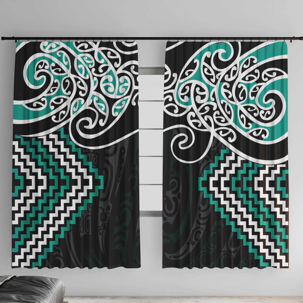Turquoise Aotearoa Tukutuku Manawa Tapu Window Curtain Ta Moko Toi Maori LT9 With Hooks Turquoise - Polynesian Pride