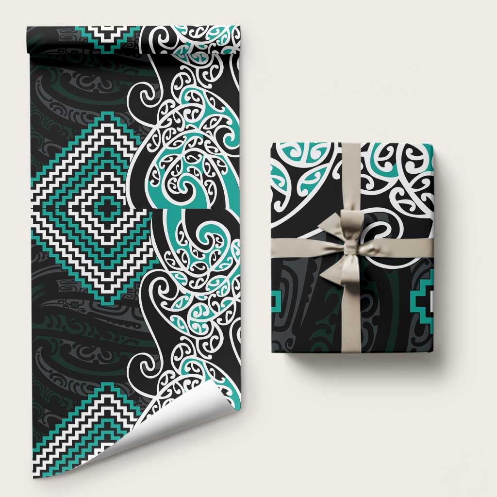 Turquoise Aotearoa Tukutuku Manawa Tapu Wrapping Paper Ta Moko Toi Maori LT9 58" × 23" Turquoise - Polynesian Pride