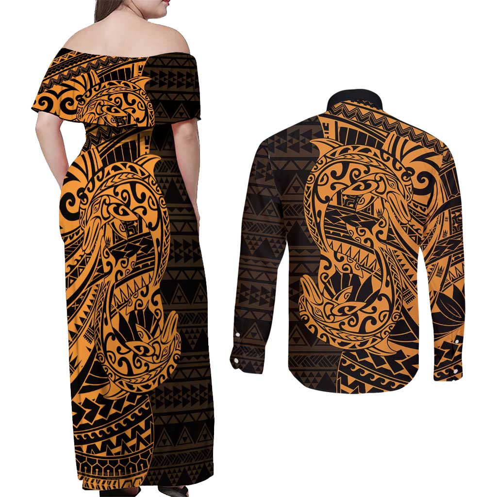 Gold Couple Dolphins Maori Polynesian Style Couples Matching Off Shoulder Maxi Dress and Long Sleeve Button Shirt