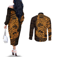 Gold Couple Dolphins Maori Polynesian Style Couples Matching Off The Shoulder Long Sleeve Dress and Long Sleeve Button Shirt