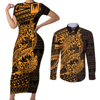 Gold Couple Dolphins Maori Polynesian Style Couples Matching Short Sleeve Bodycon Dress and Long Sleeve Button Shirt
