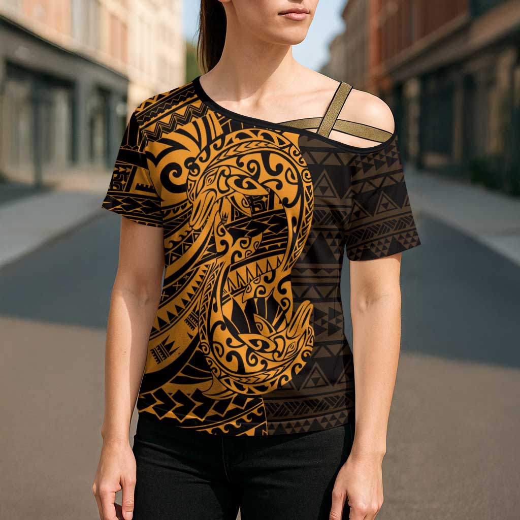 Gold Couple Dolphins Maori Polynesian Style Cross Shoulder Shirt - Polynesian Pride