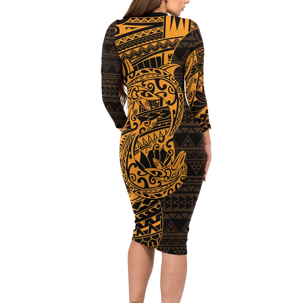 Gold Couple Dolphins Maori Polynesian Style Family Matching Long Sleeve Bodycon Dress and Hawaiian Shirt