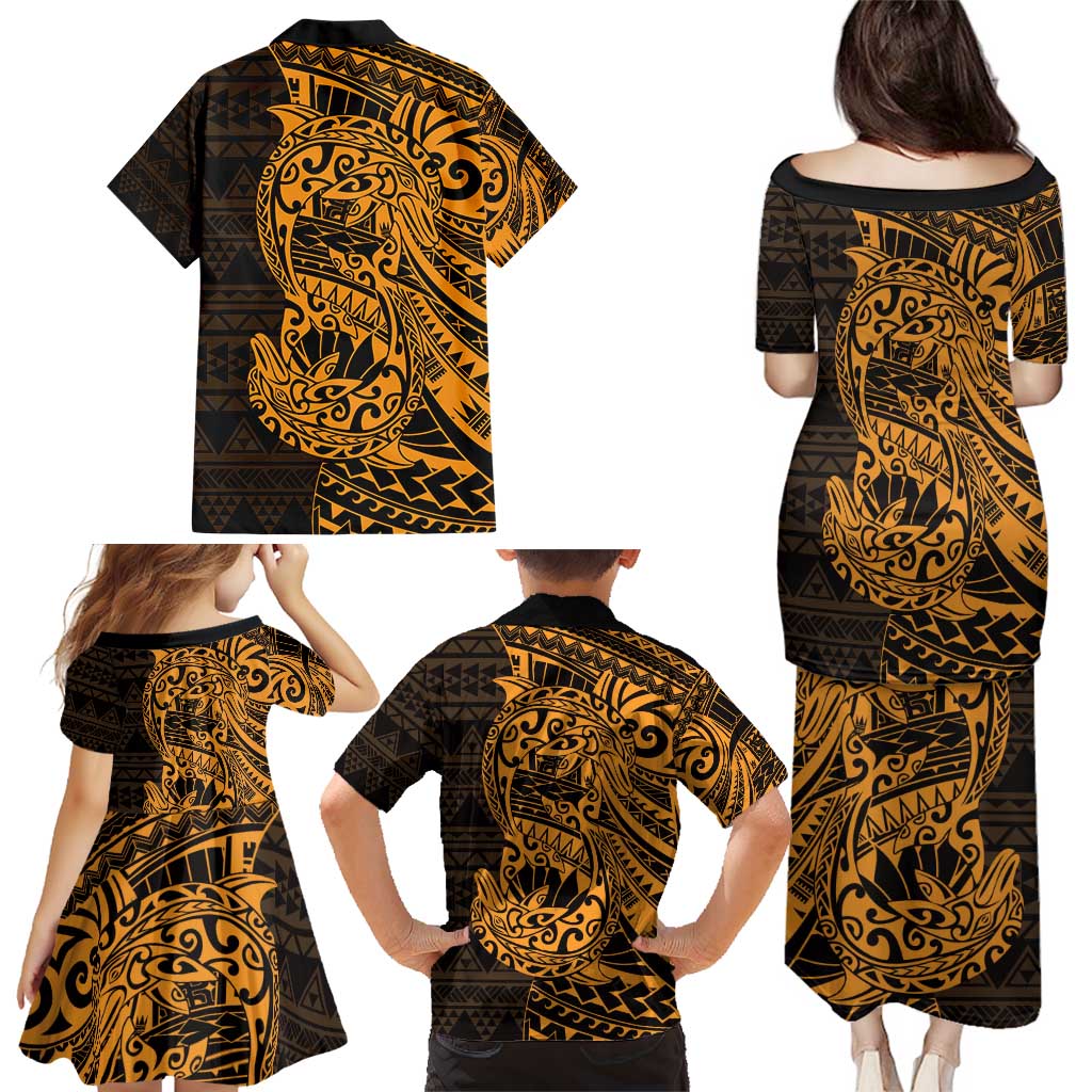 Gold Couple Dolphins Maori Polynesian Style Family Matching Puletasi and Hawaiian Shirt