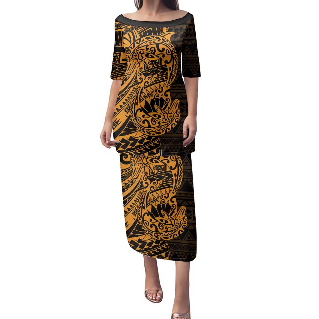 Gold Couple Dolphins Maori Polynesian Style Family Matching Puletasi and Hawaiian Shirt