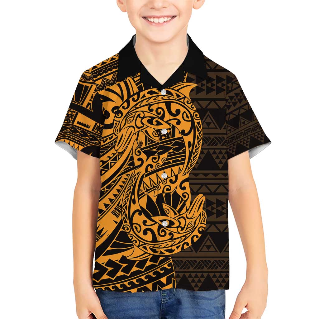 Gold Couple Dolphins Maori Polynesian Style Kid Hawaiian Shirt LT9 Kid Gold - Polynesian Pride