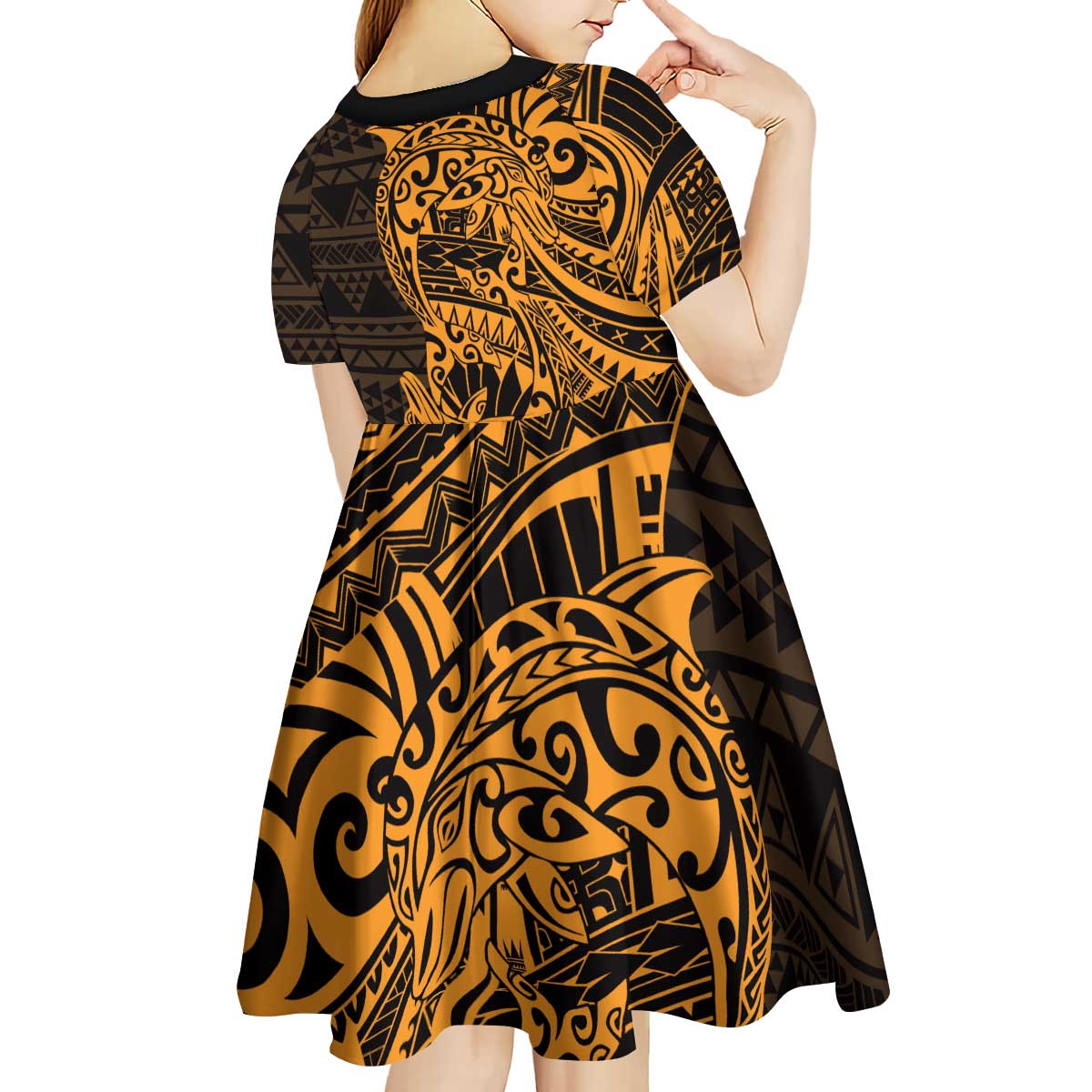 Gold Couple Dolphins Maori Polynesian Style Kid Short Sleeve Dress