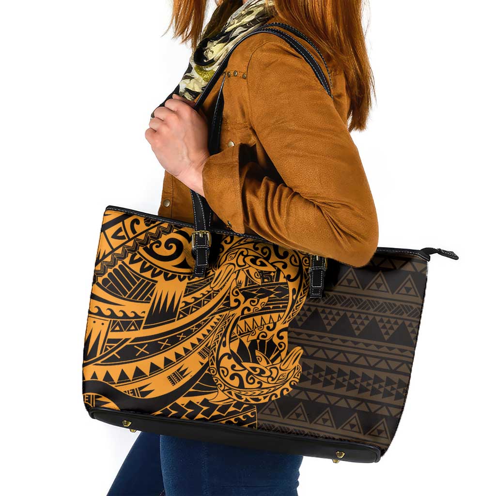 Gold Couple Dolphins Maori Polynesian Style Leather Tote Bag LT9 Gold - Polynesian Pride