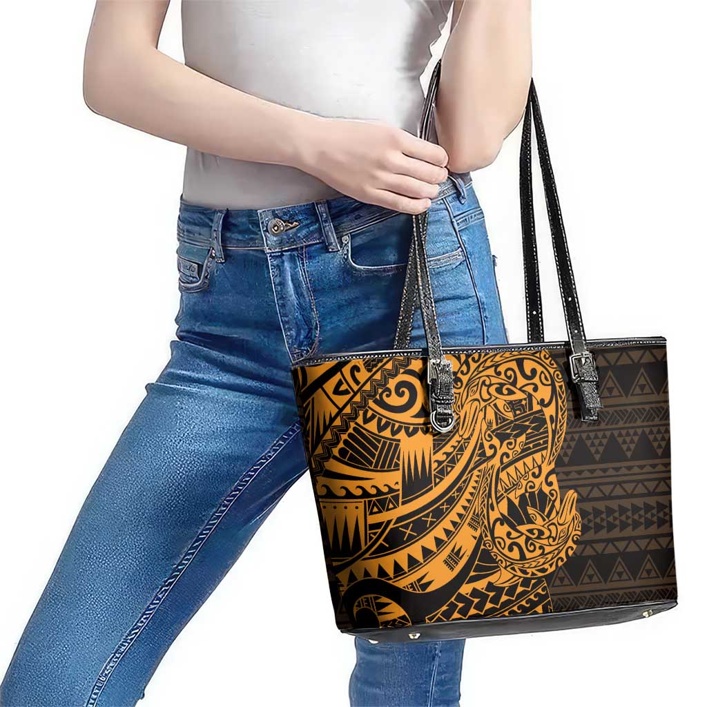 Gold Couple Dolphins Maori Polynesian Style Leather Tote Bag