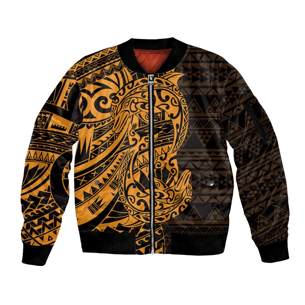 Gold Couple Dolphins Maori Polynesian Style Sleeve Zip Bomber Jacket LT9 Unisex Gold - Polynesian Pride