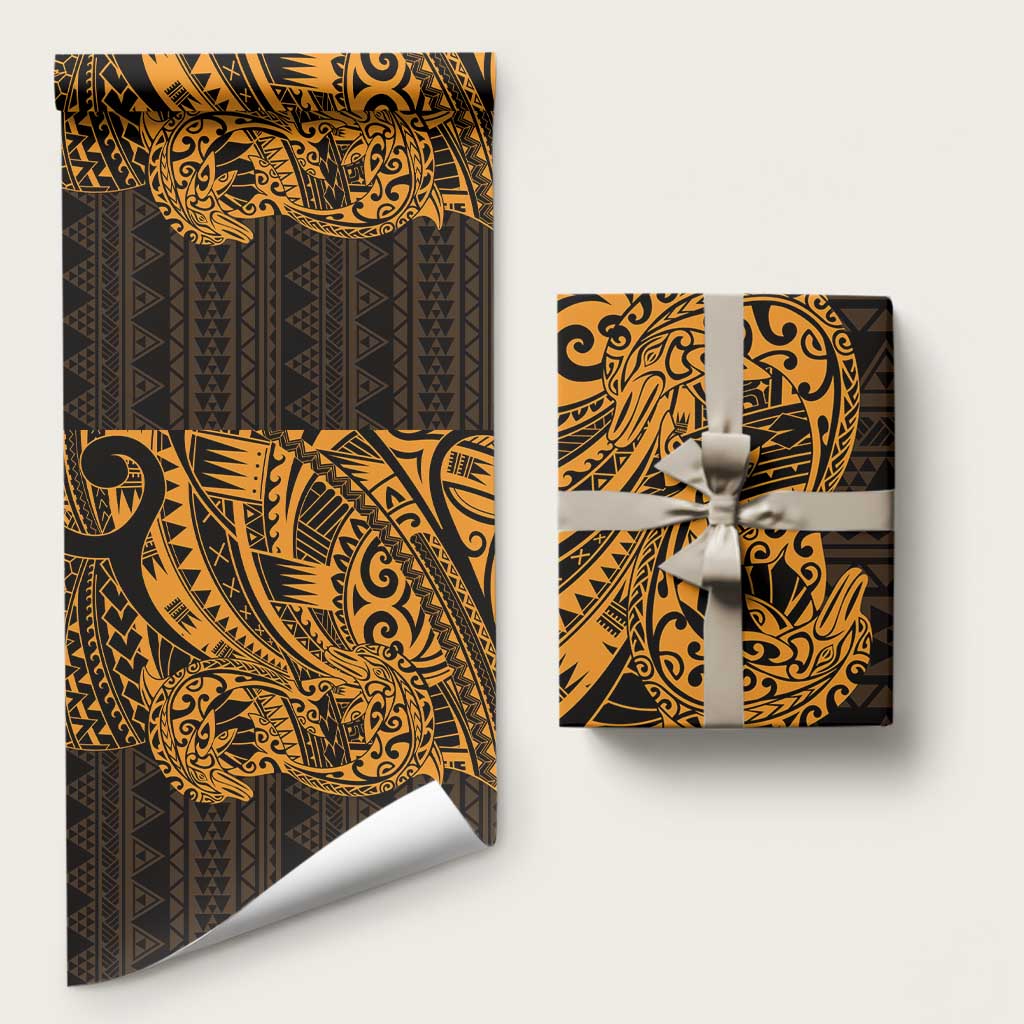 Gold Couple Dolphins Maori Polynesian Style Wrapping Paper LT9 58" × 23" Gold - Polynesian Pride