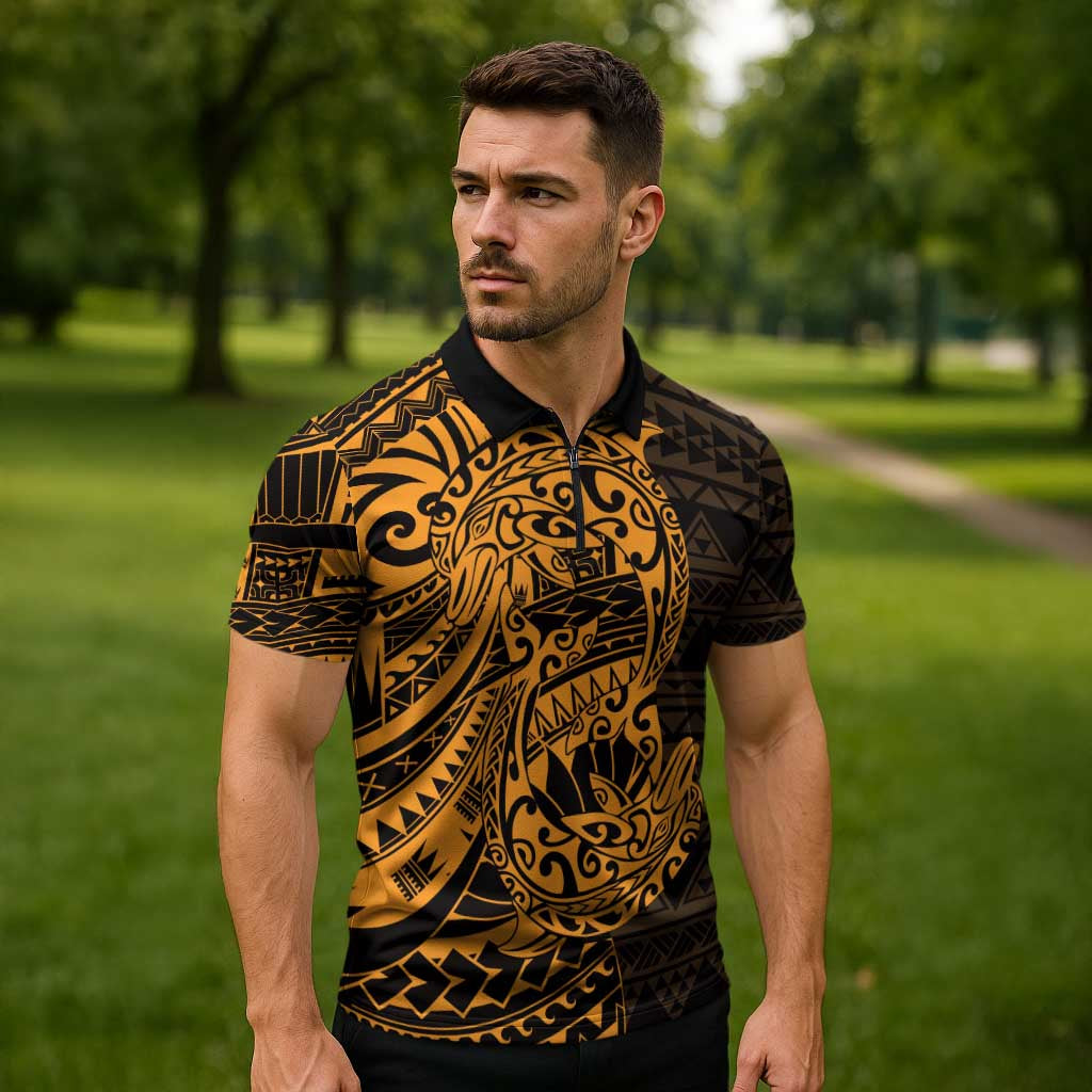 Gold Couple Dolphins Maori Polynesian Style Zipper Polo Shirt - Polynesian Pride