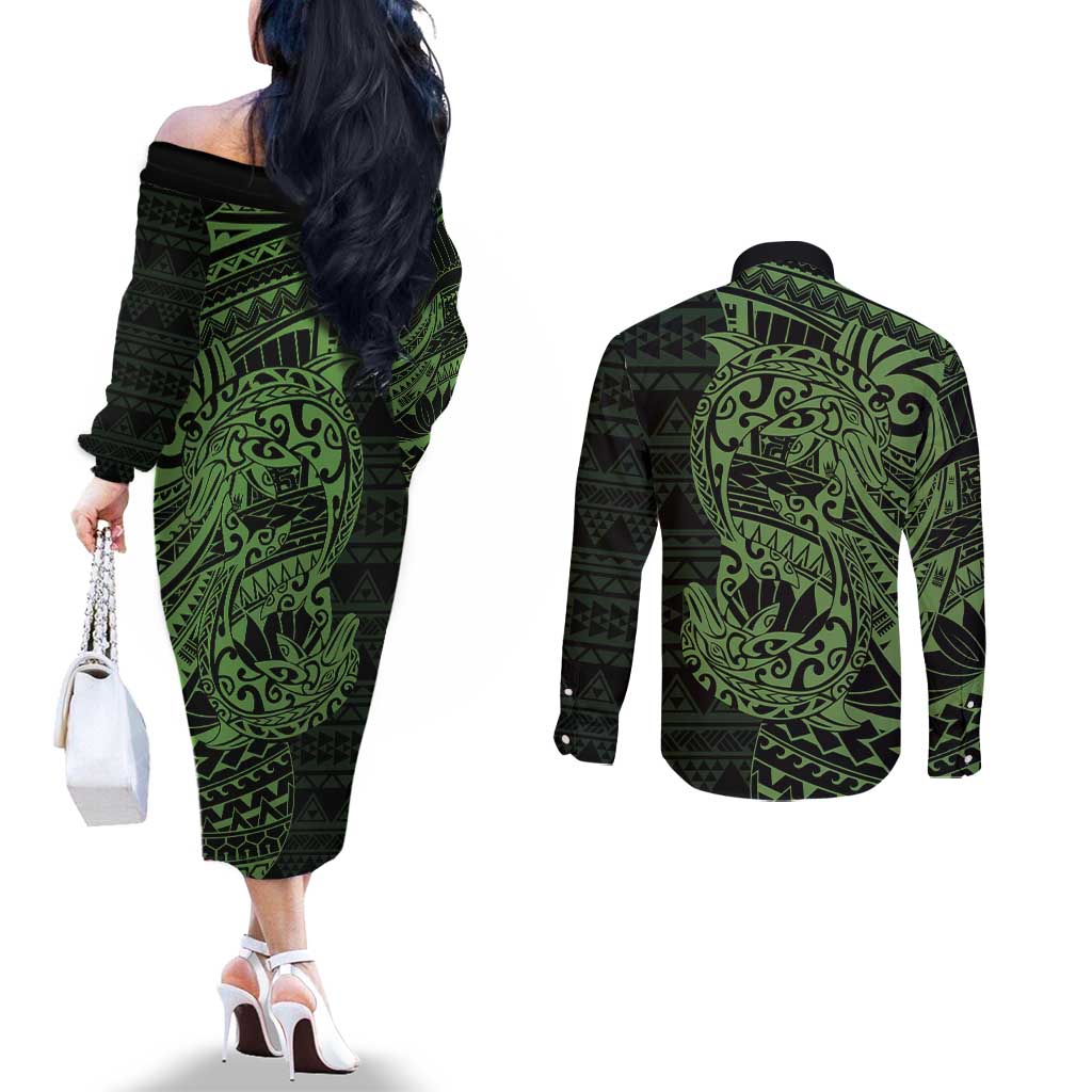Green Couple Dolphins Maori Polynesian Style Couples Matching Off The Shoulder Long Sleeve Dress and Long Sleeve Button Shirt