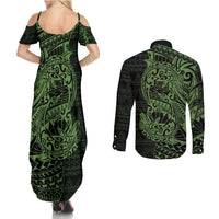 Green Couple Dolphins Maori Polynesian Style Couples Matching Summer Maxi Dress and Long Sleeve Button Shirt LT9 - Polynesian Pride