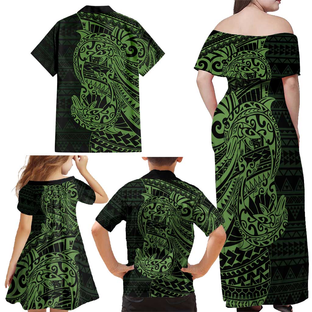 Green Couple Dolphins Maori Polynesian Style Family Matching Off Shoulder Maxi Dress and Hawaiian Shirt