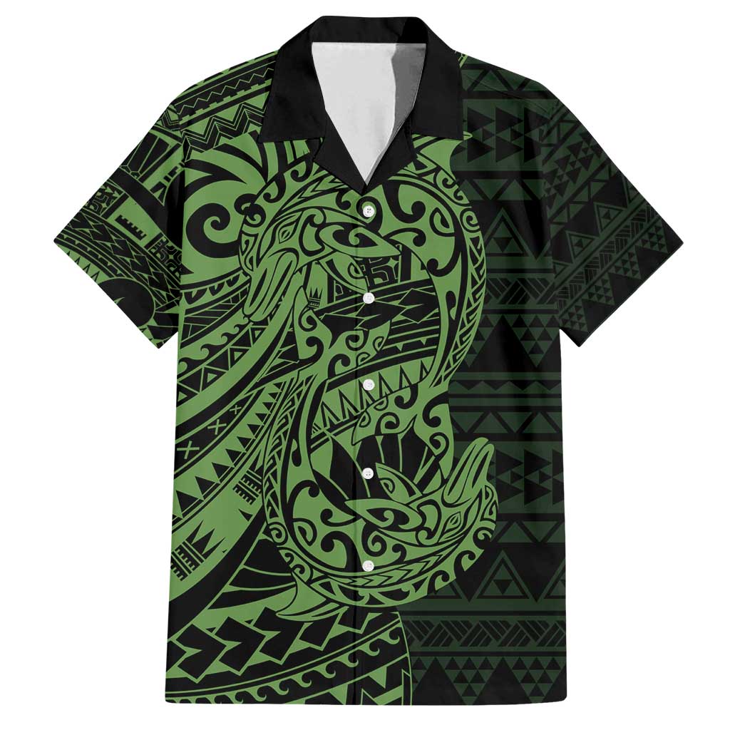 Green Couple Dolphins Maori Polynesian Style Family Matching Off Shoulder Short Dress and Hawaiian Shirt
