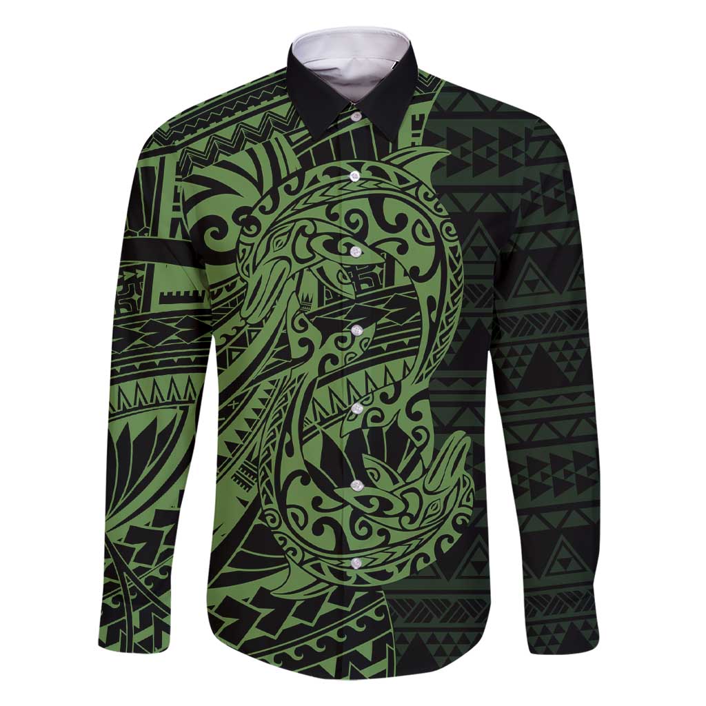 Green Couple Dolphins Maori Polynesian Style Family Matching Short Sleeve Bodycon Dress and Hawaiian Shirt