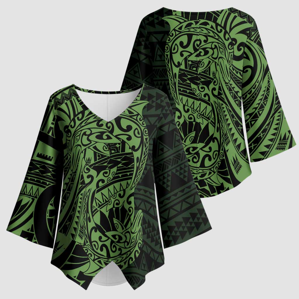 Green Couple Dolphins Maori Polynesian Style Kimono Sleeve Blouse - Polynesian Pride