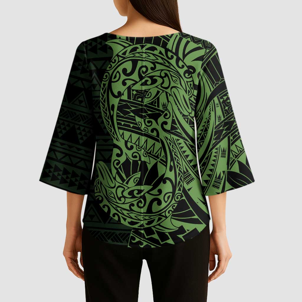 Green Couple Dolphins Maori Polynesian Style Kimono Sleeve Blouse - Polynesian Pride