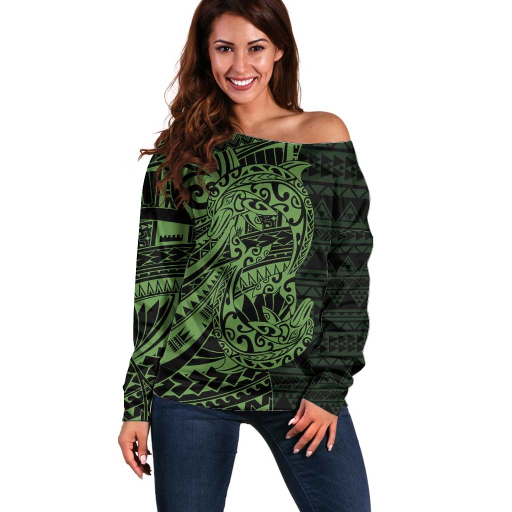 Green Couple Dolphins Maori Polynesian Style Off Shoulder Sweater LT9 Women Green - Polynesian Pride