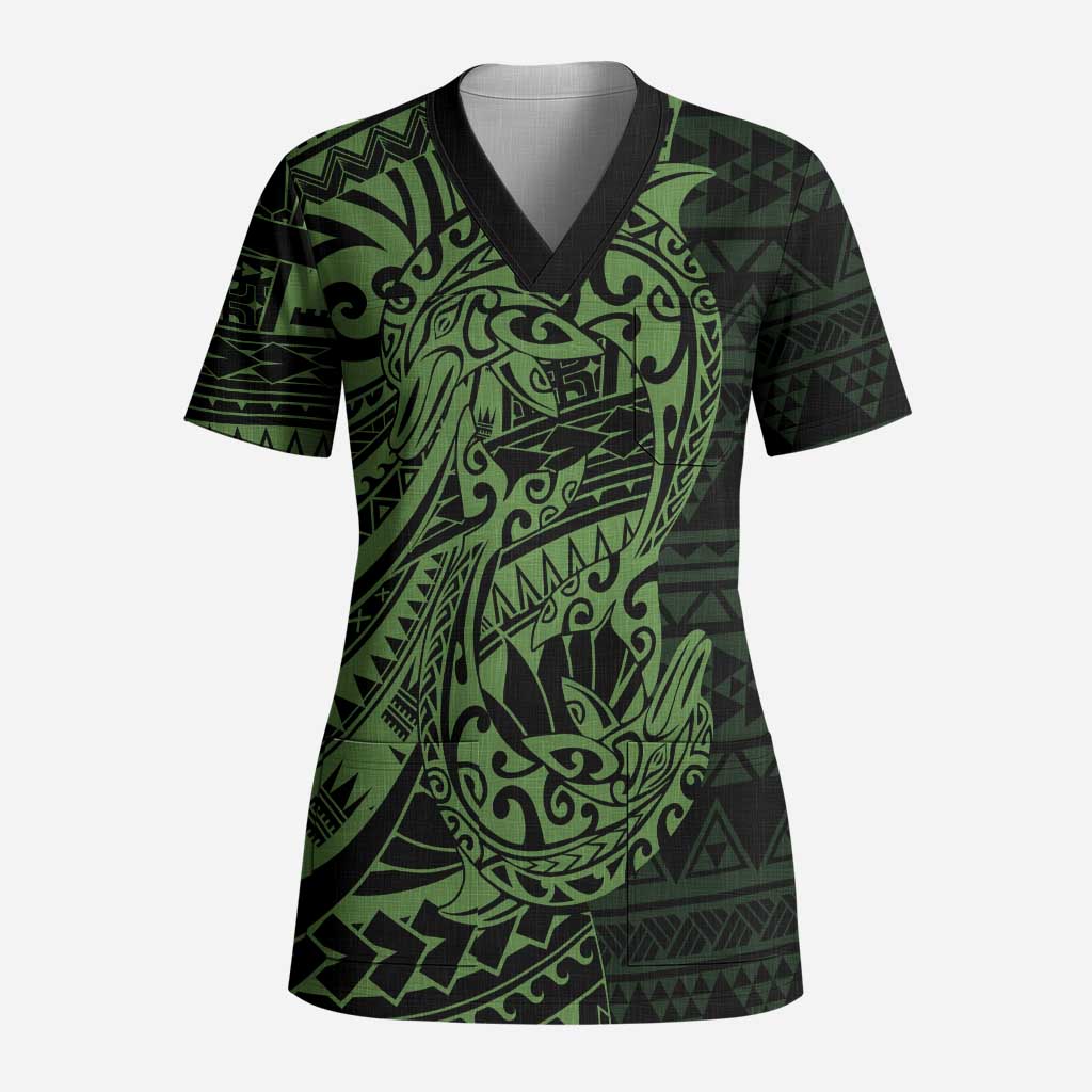Green Couple Dolphins Maori Polynesian Style Scrub Top - Polynesian Pride