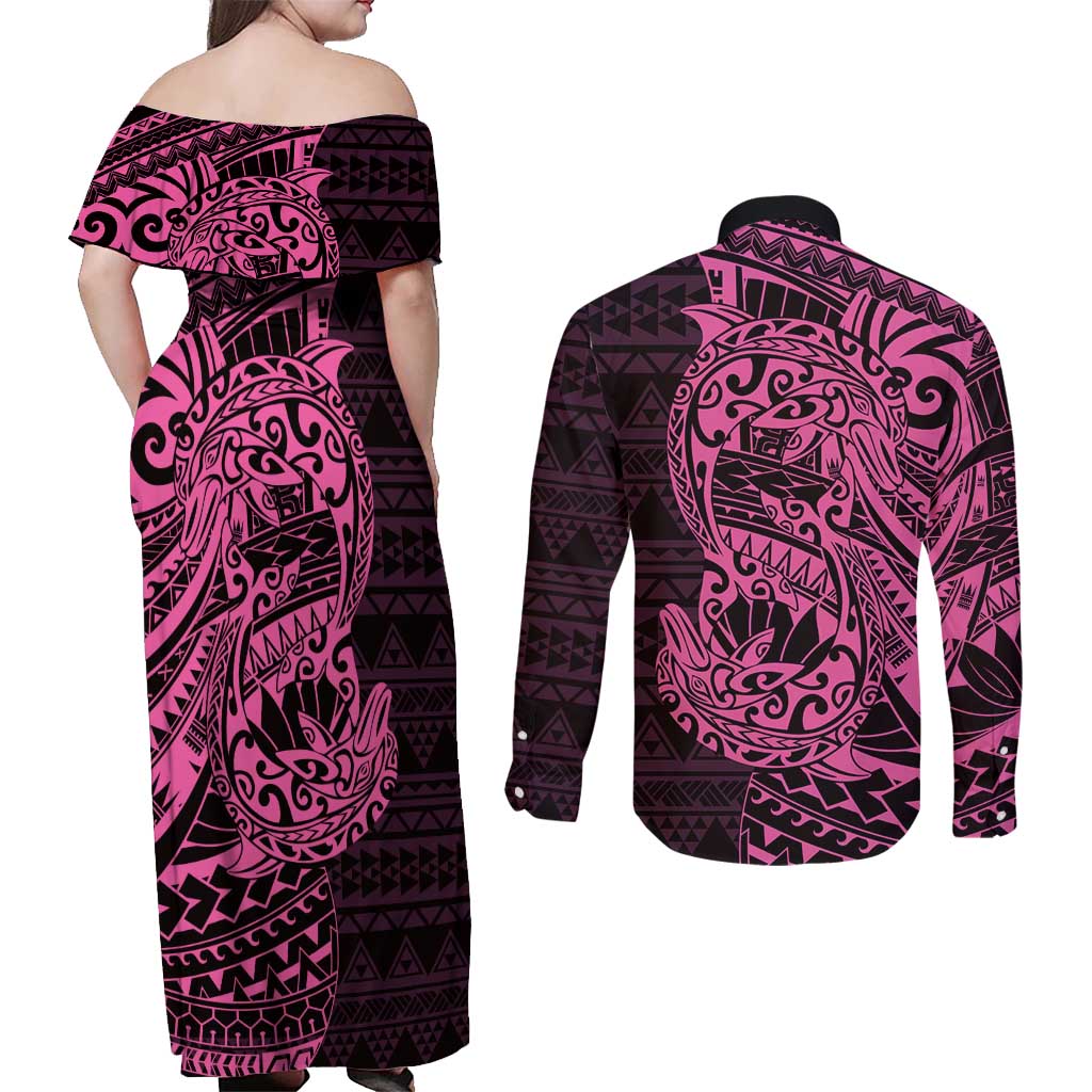 Pink Couple Dolphins Maori Polynesian Style Couples Matching Off Shoulder Maxi Dress and Long Sleeve Button Shirt
