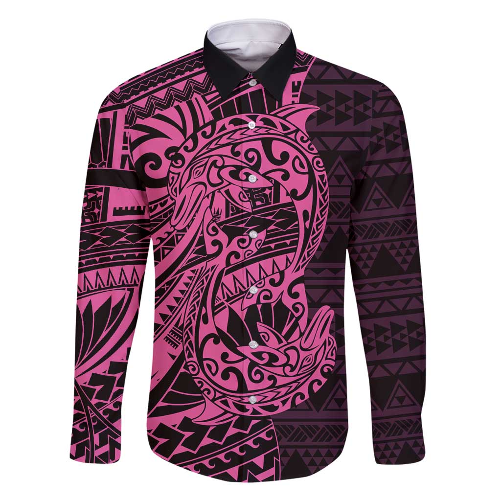 Pink Couple Dolphins Maori Polynesian Style Family Matching Long Sleeve Bodycon Dress and Hawaiian Shirt