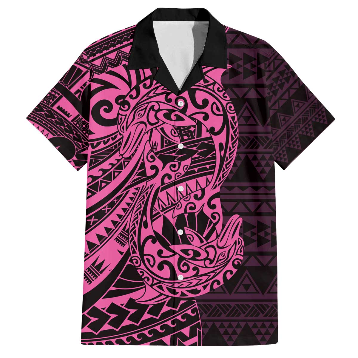 Pink Couple Dolphins Maori Polynesian Style Family Matching Off The Shoulder Long Sleeve Dress and Hawaiian Shirt