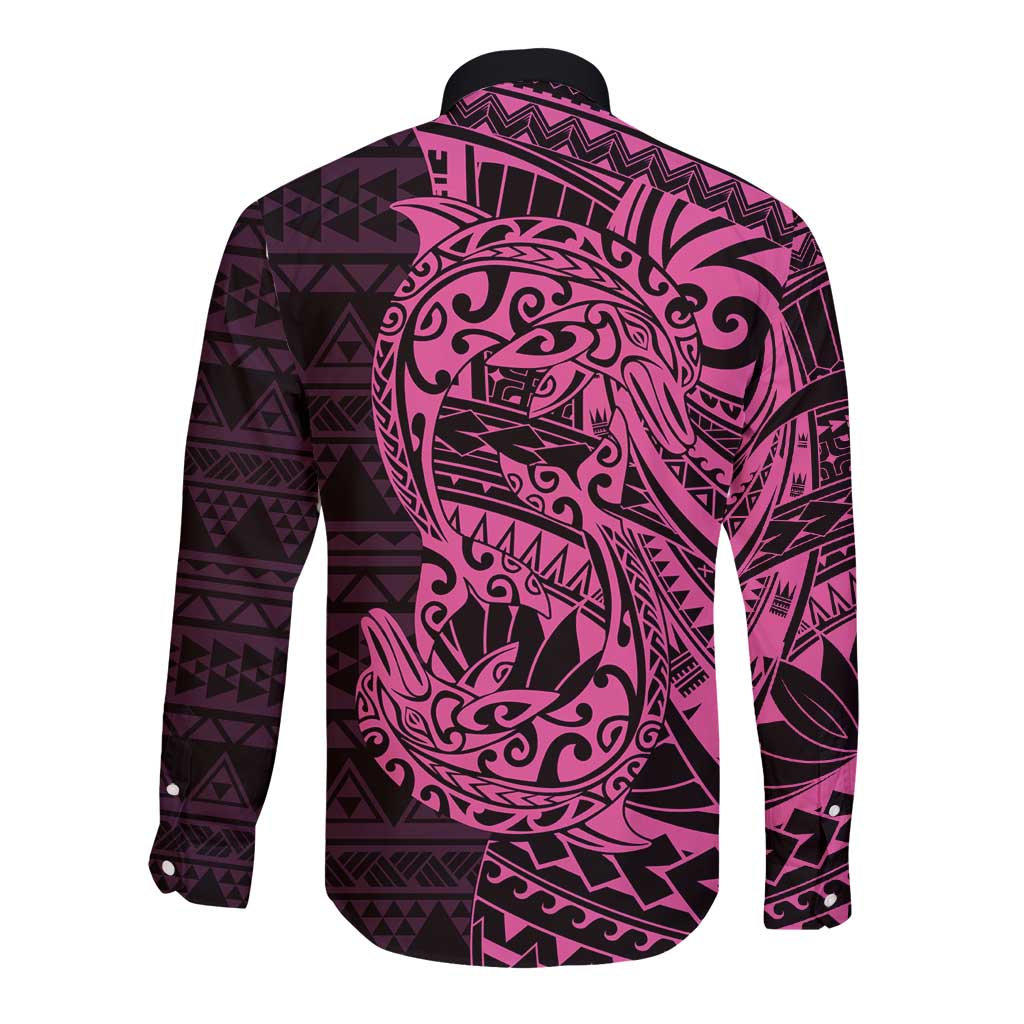Pink Couple Dolphins Maori Polynesian Style Long Sleeve Button Shirt