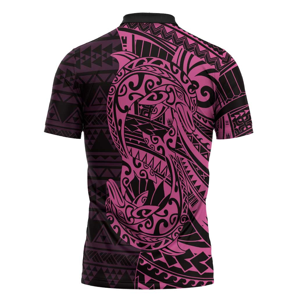 Pink Couple Dolphins Maori Polynesian Style Zipper Polo Shirt - Polynesian Pride