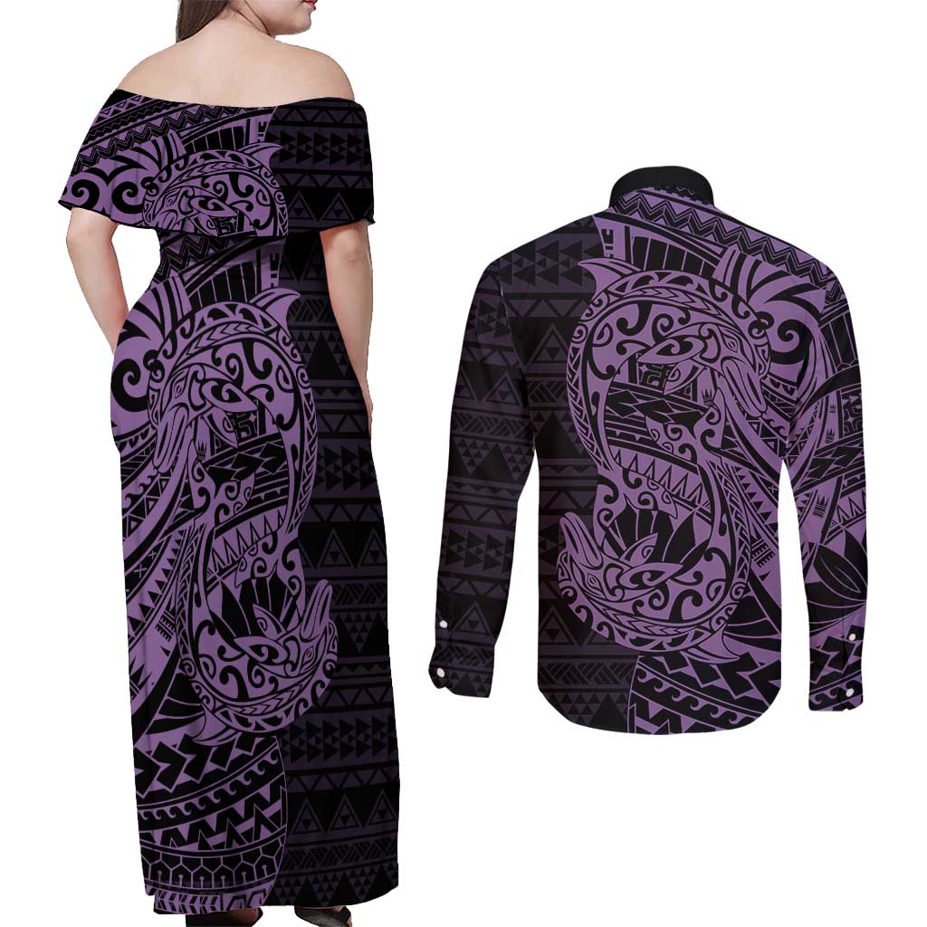Purple Couple Dolphins Maori Polynesian Style Couples Matching Off Shoulder Maxi Dress and Long Sleeve Button Shirt