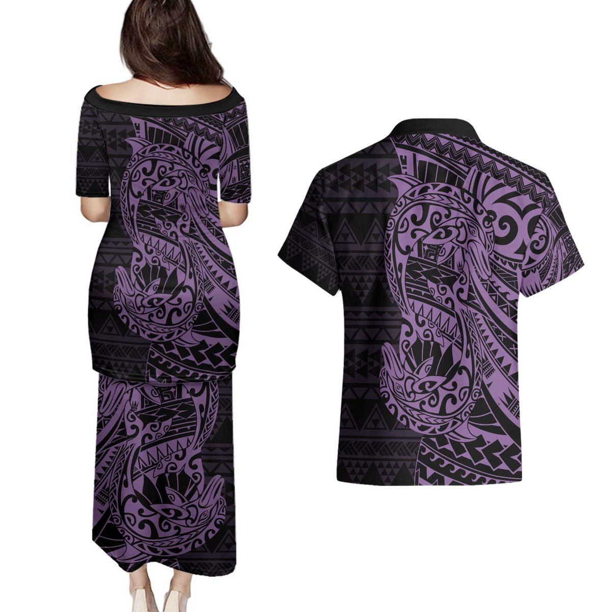 Purple Couple Dolphins Maori Polynesian Style Couples Matching Puletasi and Hawaiian Shirt