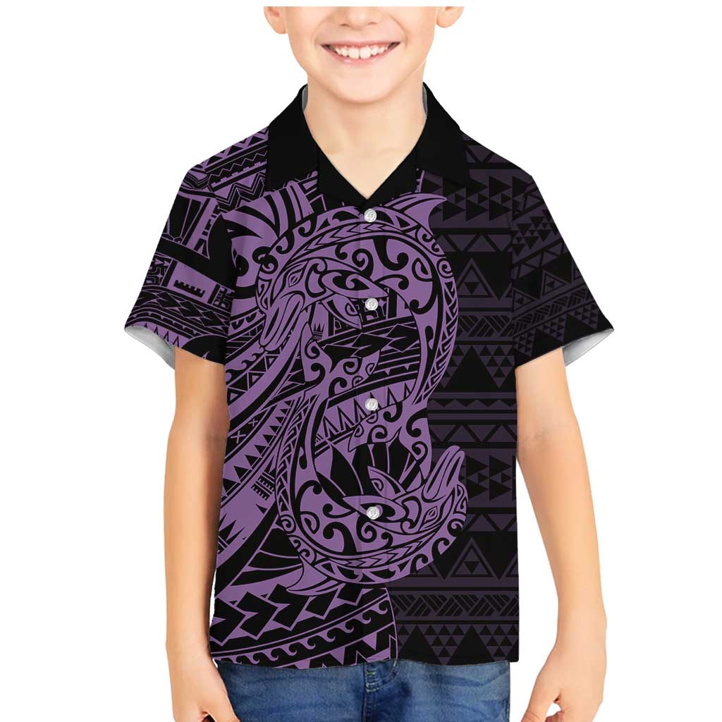 Purple Couple Dolphins Maori Polynesian Style Family Matching Mermaid Dress and Hawaiian Shirt