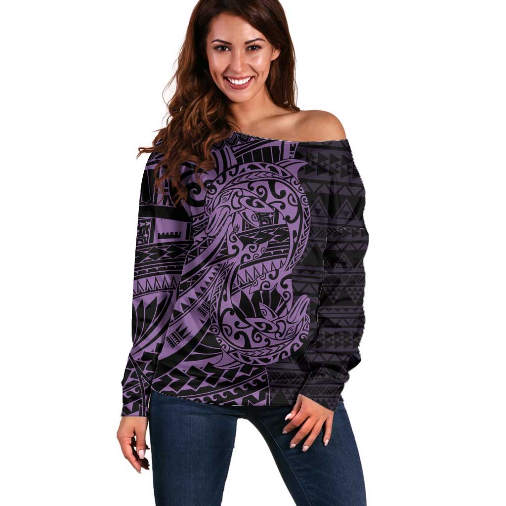 Purple Couple Dolphins Maori Polynesian Style Off Shoulder Sweater LT9 Women Purple - Polynesian Pride