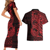 Red Couple Dolphins Maori Polynesian Style Couples Matching Short Sleeve Bodycon Dress and Hawaiian Shirt