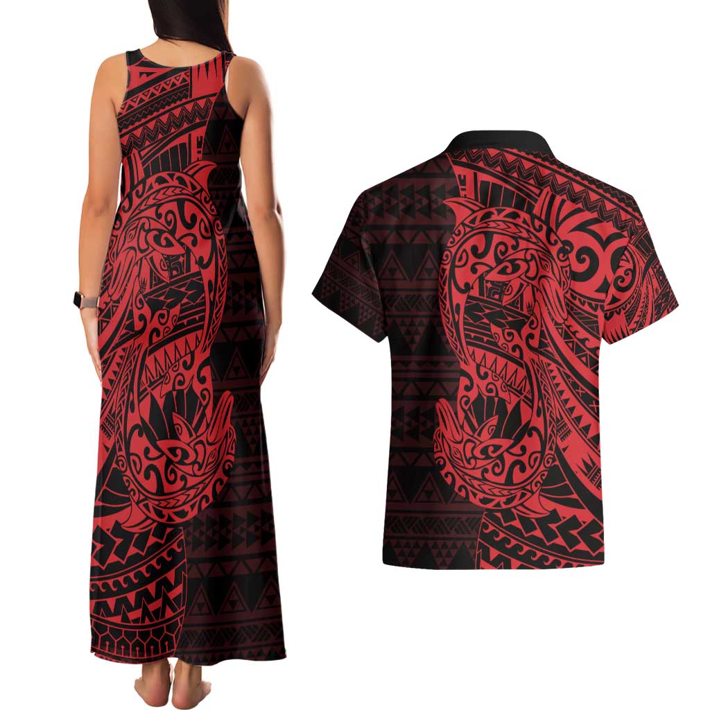 Red Couple Dolphins Maori Polynesian Style Couples Matching Tank Maxi Dress and Hawaiian Shirt