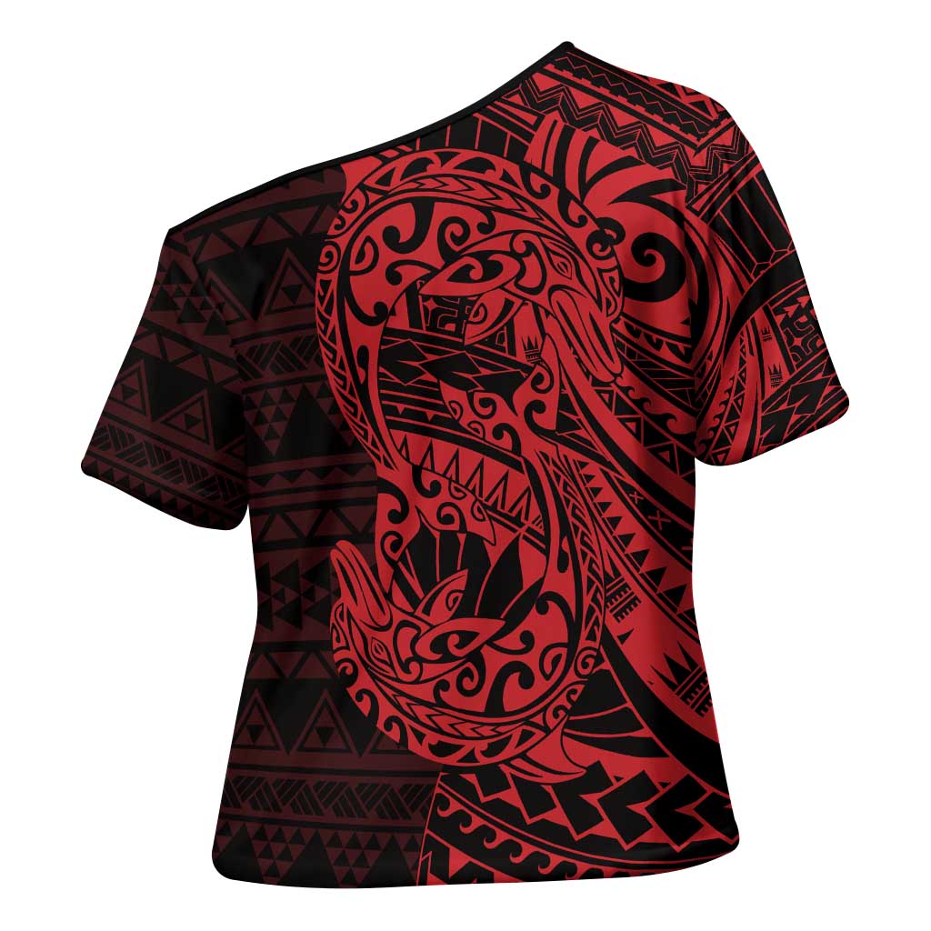 Red Couple Dolphins Maori Polynesian Style Cross Shoulder Shirt - Polynesian Pride