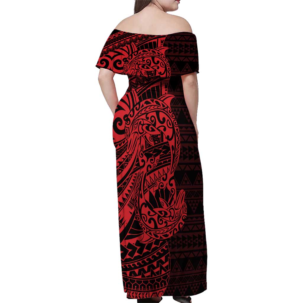 Red Couple Dolphins Maori Polynesian Style Family Matching Off Shoulder Maxi Dress and Hawaiian Shirt