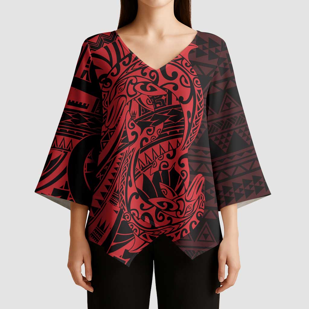 Red Couple Dolphins Maori Polynesian Style Kimono Sleeve Blouse - Polynesian Pride