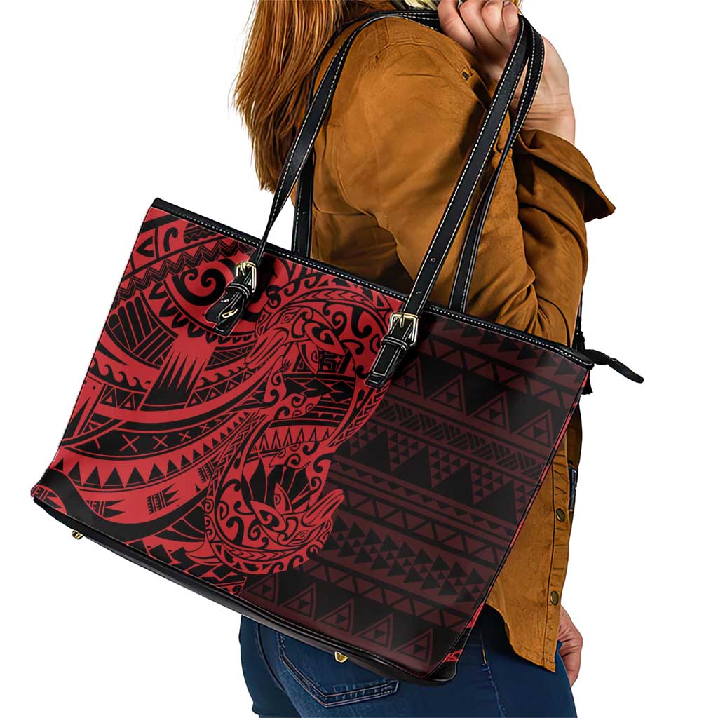 Red Couple Dolphins Maori Polynesian Style Leather Tote Bag