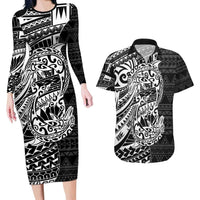 White Couple Dolphins Maori Polynesian Style Couples Matching Long Sleeve Bodycon Dress and Hawaiian Shirt