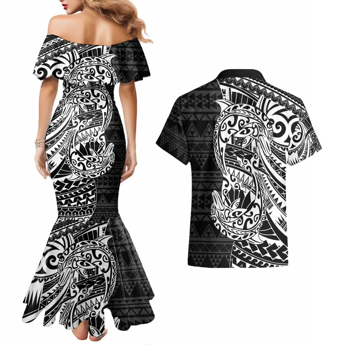 White Couple Dolphins Maori Polynesian Style Couples Matching Mermaid Dress and Hawaiian Shirt