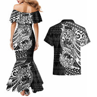 White Couple Dolphins Maori Polynesian Style Couples Matching Mermaid Dress and Hawaiian Shirt