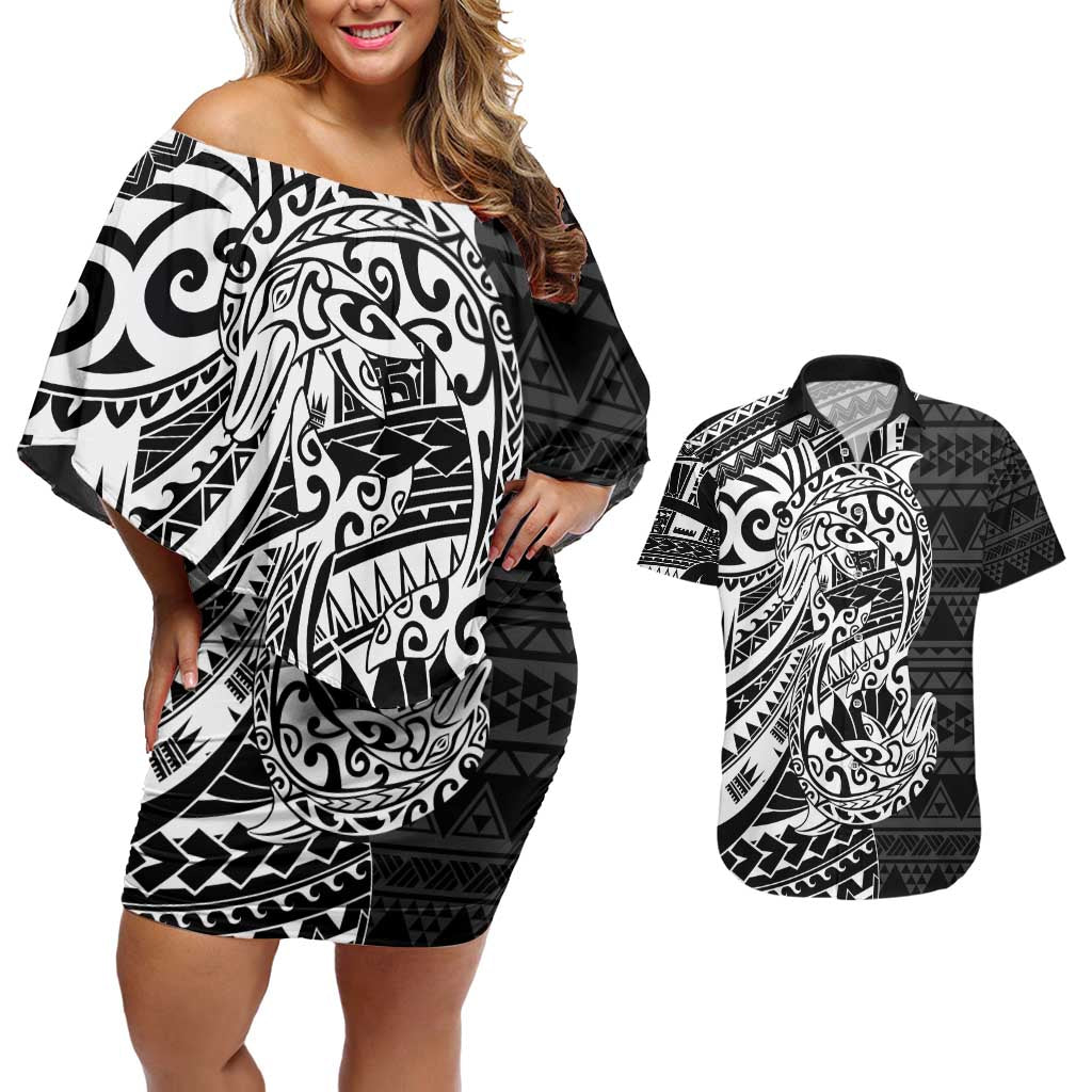 White Couple Dolphins Maori Polynesian Style Couples Matching Off Shoulder Short Dress and Hawaiian Shirt LT9 White - Polynesian Pride