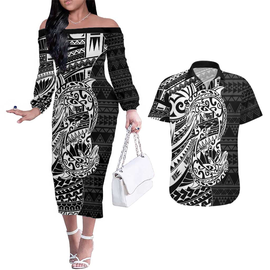 White Couple Dolphins Maori Polynesian Style Couples Matching Off The Shoulder Long Sleeve Dress and Hawaiian Shirt LT9 White - Polynesian Pride