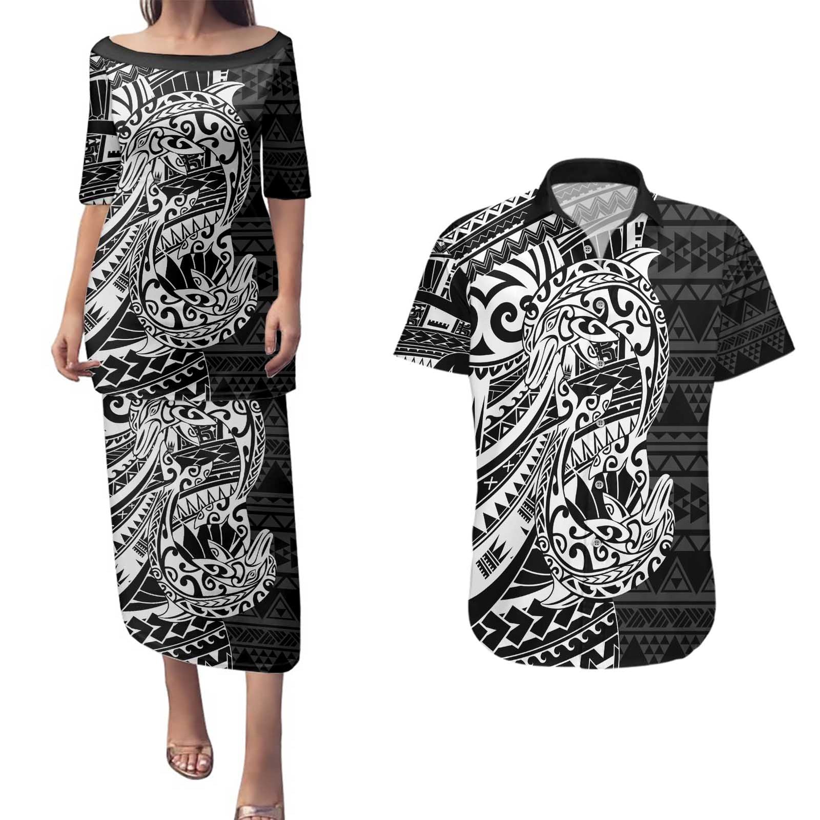 White Couple Dolphins Maori Polynesian Style Couples Matching Puletasi and Hawaiian Shirt LT9 White - Polynesian Pride