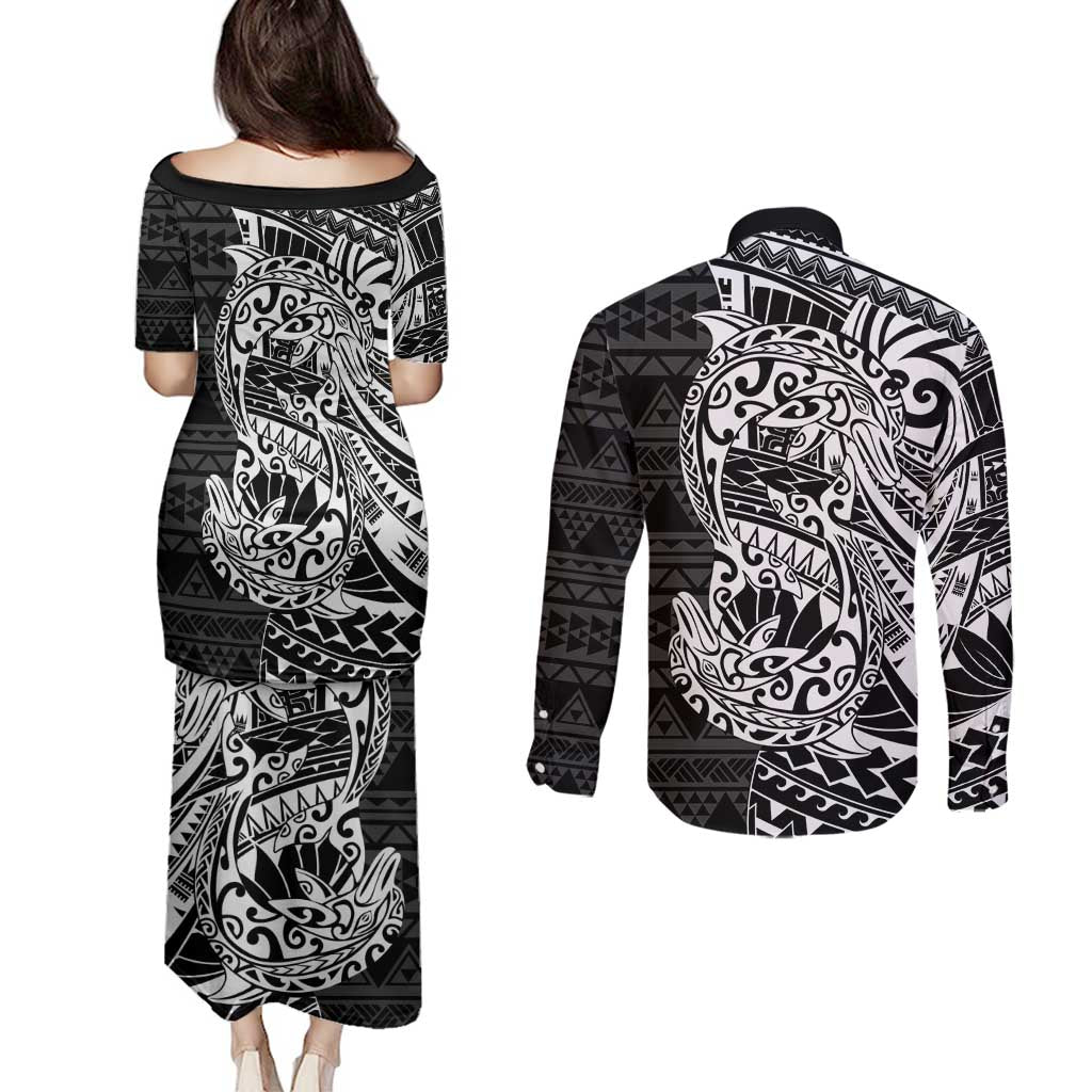 White Couple Dolphins Maori Polynesian Style Couples Matching Puletasi and Long Sleeve Button Shirt